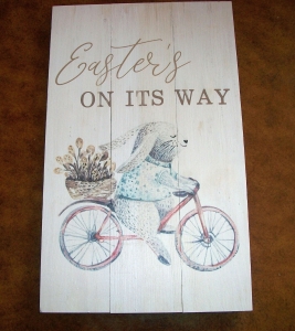 Happy Easter Bunny Rabbit Bicycle SPRING Wooden Wall  Door Hanging  Plaque  USA Review