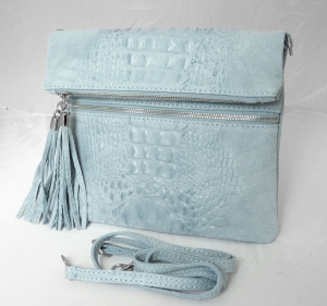 Genuine Leather Clutch Shoulderbag pale blue croc print NEW Made in italy Review