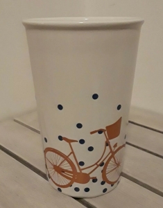 CLAY ART Travel Ceramic Tumbler Coffee 10 OZ Mug Copper Bicycle Blue Dots No top Review