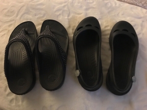 Very gently Worn.  Not one pair but two Pair of Black CROCS Flats – Shoe Size 6. Review