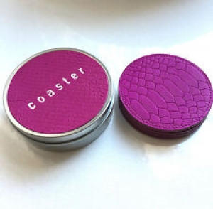 NEW Graphic Image set of pink fuchsia croc embossed leather coasters in a tin Review