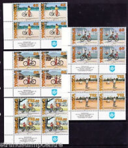 Tonga – 1995 Children With Bicycles – U/M – SG 1291-5 CORNER BLOCKS of FOUR Review