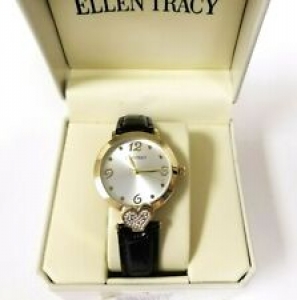 NEW ELLEN TRACY PALE GOLD TONE,BLACK CROC LEATHERETTE BAND,CRYSTALS HEART WATCH Review