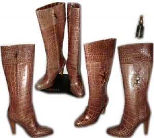 $640 Bruno Magli Beige Croc Print Zipper Tall Knee Leather Boot 38.5-8.5 Bootie Review