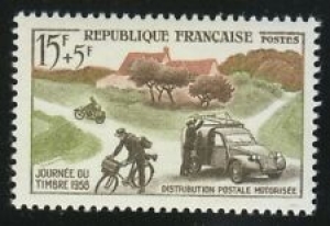 France 1958 MNH Mi 1187 Sc B320 Motorcycle.Stamp Day.Postman on Bicycle ** Review