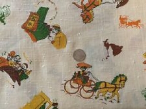 Vintage 1950’s Fabric Linen Blend 4 2/3 Yds Horse Buggy Piano Cop Bicycle Ivory Review