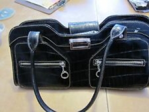Womens Maxx New York black satchel handbag,WIDE black HANDBAG, fake croc handbag Review