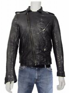 New Men Black Napa Classic Cowhide Brando Fashion Biker Croc Leather Jacket Rock Review