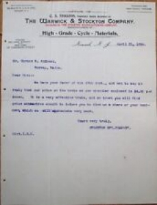Bicycle 1898 Letterhead: Warwick & Stockton High Grade Cycle Material-Newark, NJ Review