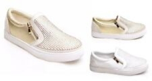 Womens Diamante Trainers Croc Skin Slip On Gold Sneakers Flats Pumps Shoes Review