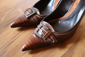 ZARA Mock Croc Leather Brown Stiletto Buckled Slingbacks Size UK 6 EUR 39 US 8  Review