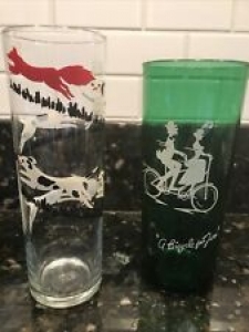 Vintage Tall Drinking Glasses (2) Bicycle Green, Clear With Dog And Fox Scene Review