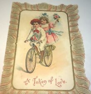 Rare Antique American Love Token Bicycle Riders Floral Lithograph Art Card! US! Review