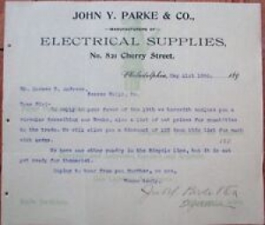 Bicycle 1898 Letterhead: John Y. Parke & Co. Electrical Supplies, Cycle Brake Review