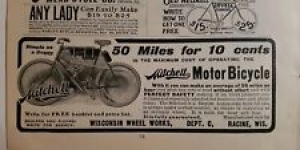 1902 Mitchell motor bicycle motorcycle 50 miles for $0.10 ten cents vintage ad Review