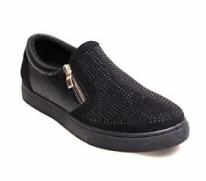 Womens Diamante Slip On Detail Trainers Croc Pattern Black Flat Heel Pumps Shoes Review
