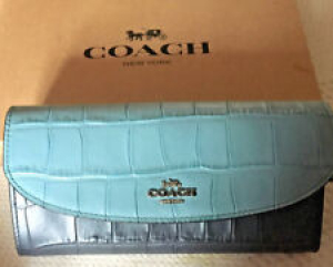 COACH MTRL MX Slim envelope womens wallet, croc leather, blue, new Review
