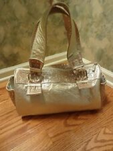 Treesje Gold Metallic Leather Large Satchel Croc Embossed Purse Handbag Mint Review