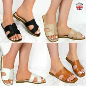 Womens Ladies Flat Low Heel H Sandals Open Toe Slip On Sliders Mules Summer Size Review