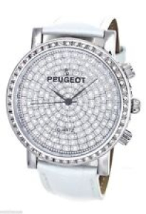 NEW-PEUGEOT WHITE PATENT CROC LEATHER+PAVE CRYSTAL COVERED SILVER WATCH J6369SWT Review