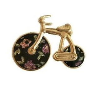 Vintage Bicycle Pin Brooch Gold Tone Metal Black Wheels Purple Green Glitter    Review