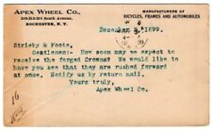 Bicycle Automobile APEX WHEEL CO. 1899 1c Postal Card POSTCARD Rochester NY Review