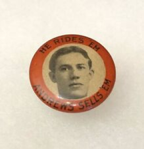 Antique 1890s 1900s Bicycle Stud Celluloid Button HE RIDES EM ANDREWS SELLS EM Review