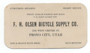 1920s Advertising Card F.H. Olsen Bicycle Supply Company Provo City Utah Review