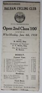 BALHAM Open 2nd Class 100 1938 Bicycle Race Official Results ST501001018  Review