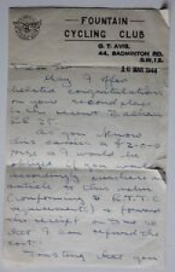 FOUNTAIN CYCLING Club Letter BBalham 1944 Bicycle Race ST501001018  Review