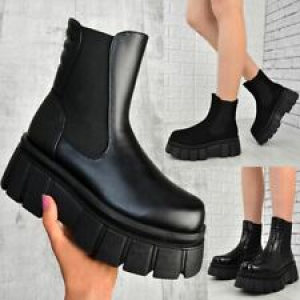 Womens Chunky Platform Sole Chelsea Boots Black Ankle Stretch Goth Punk Shoes Review