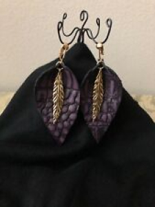 RARE! CHIC CLIP ON PURPLE CROC EMBOSSED GENUINE LEATHER LEAF DANGLE EARRINGS! Review