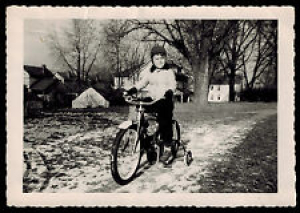 1950 BICYCLE w TRAINING WHEELS Snow Boy PHOTOGRAPH Original VINTAGE Snapshot Review
